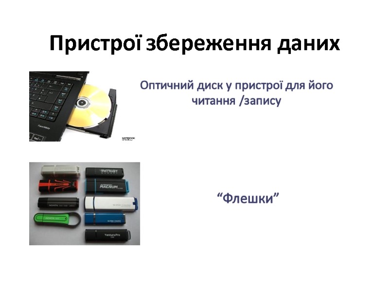 Пристрої збереження даних Оптичний диск у пристрої для його читання /запису “Флешки”